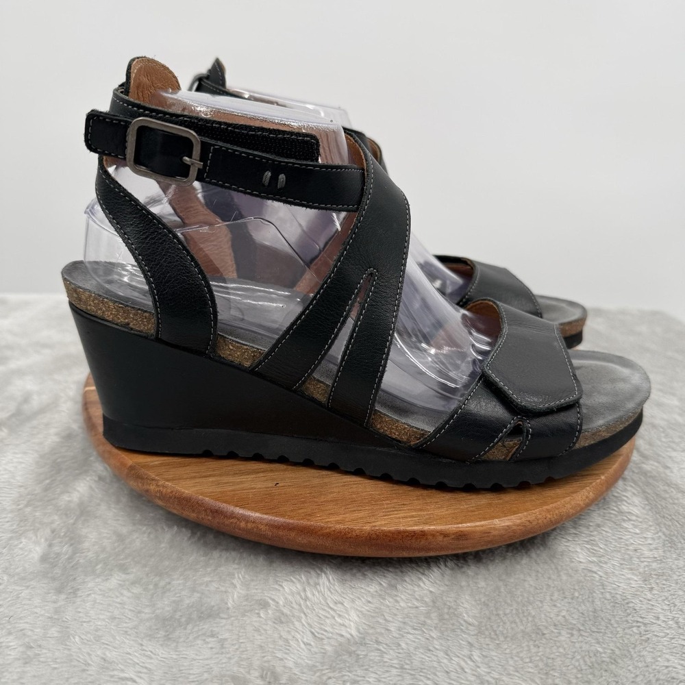 Taos Xcellent Shoes Womens 11 Black Leather Strappy Wedge Sandals Comfort